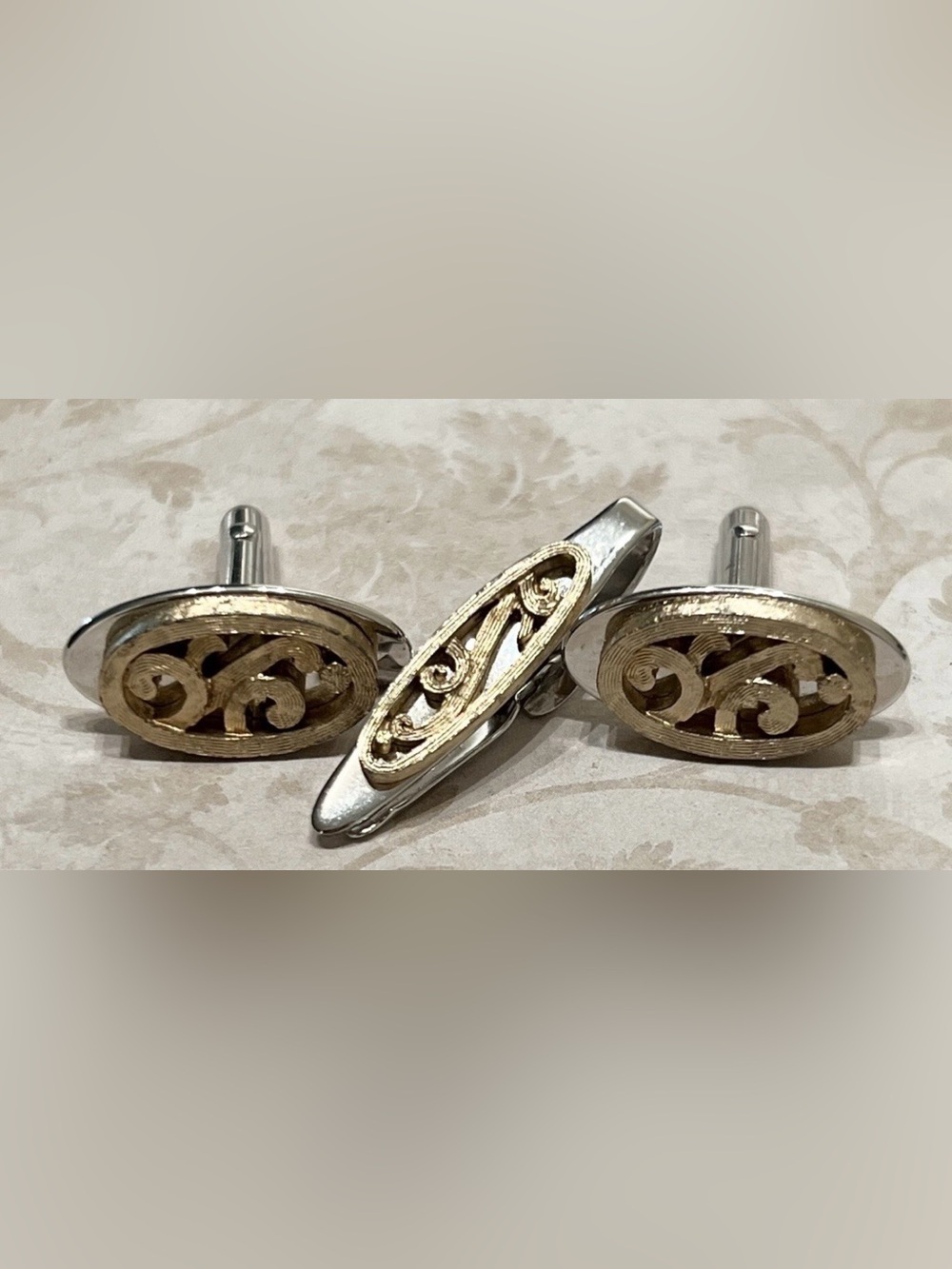 SWANK Vintage 90’s Silver & Gold Color Mosaic Cufflinks and Tie Clip Set